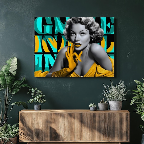 Vintage Hollywood Glamour Starlet Pop Portrait Teal Yellow Poster
