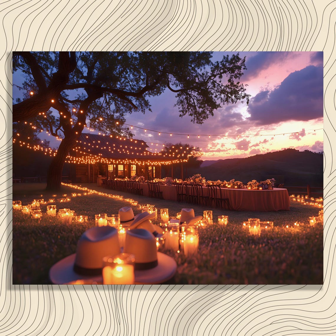 Candlelit Outdoor Evening Dinner String Lights Romantic Ranch Poster