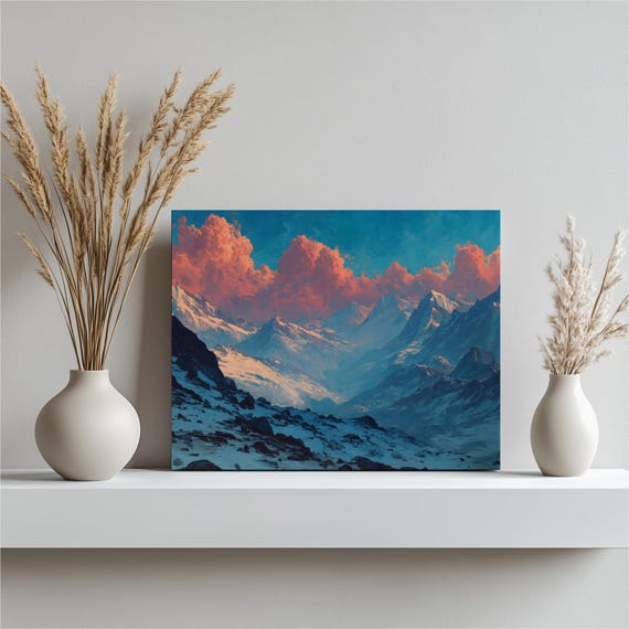 Colorful Mountain Sunset Canvas Wall Art Vibrant Snowy Peaks Pink Cloud Sky Contemporary Nature Print Large Landscape Decor