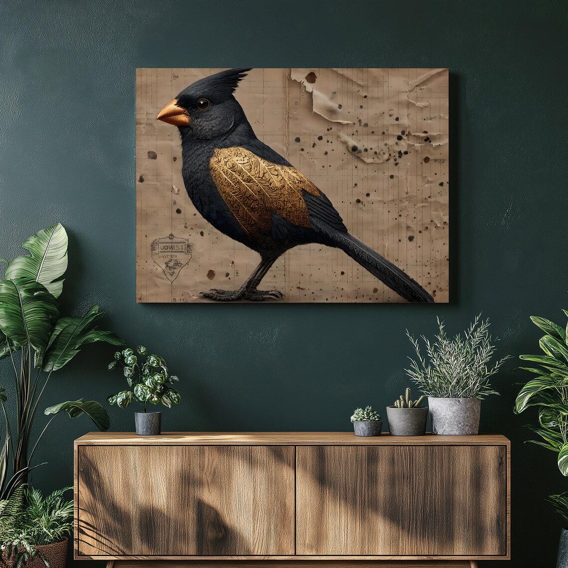 Black Cardinal Gold Leaf Wing Vintage Sepia Bird Art Canvas Print