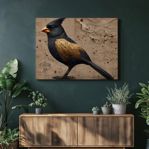 Vintage Bird Canvas Wall Art Ornate Gold Leaf Cardinal Illustration On Parchment Texture Wildlife Nature Decor Antique Inspired Print