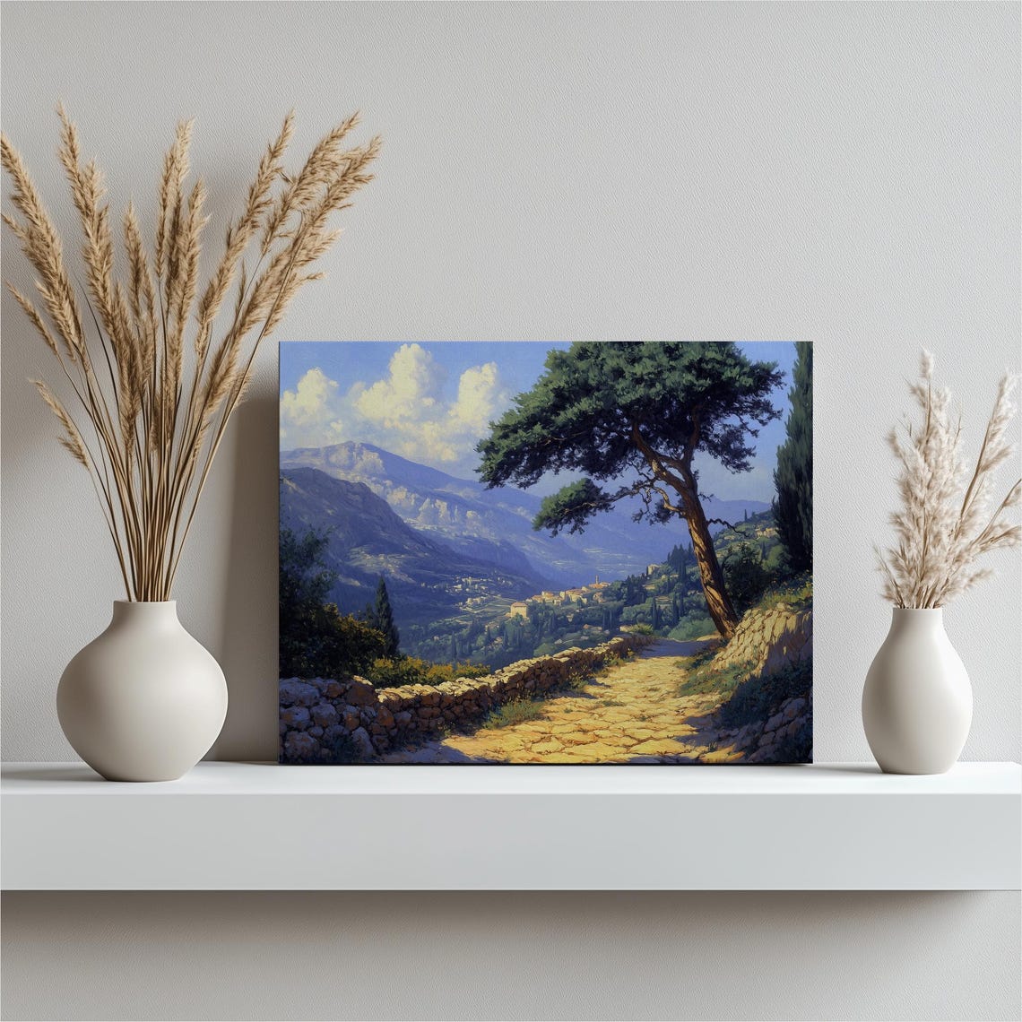 Mediterranean Stone Path Pine Tree Mountain Village Landscape Print