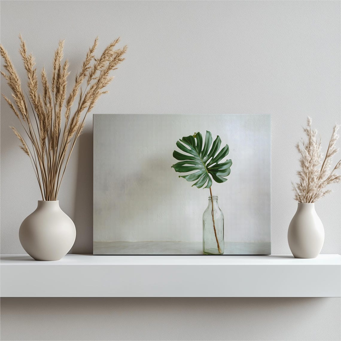 Monstera Leaf in Glass Bottle Minimalist Botanical Still Life Poster
