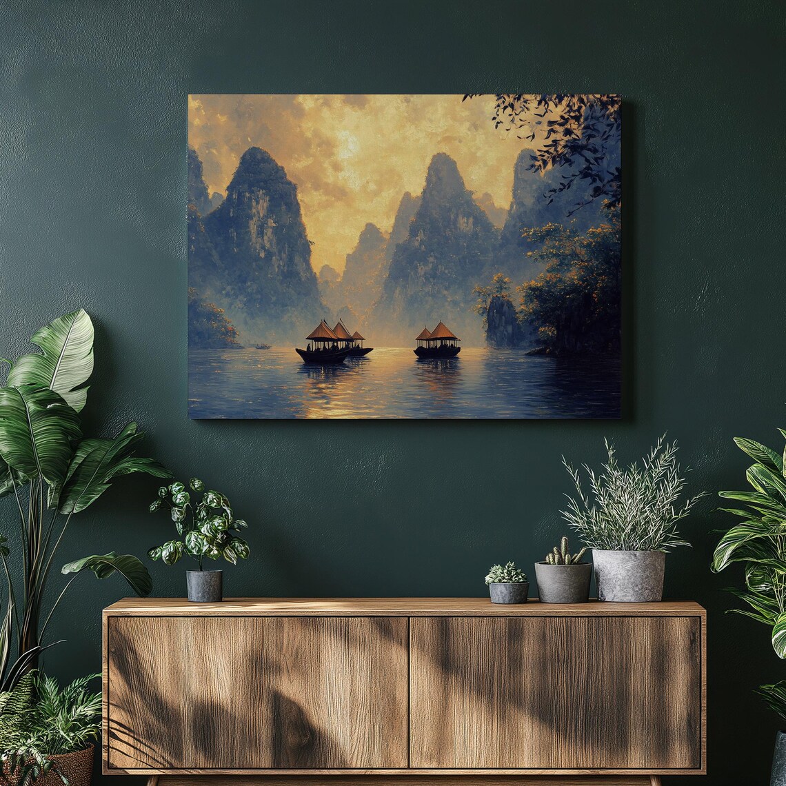 Vietnam Golden River Boats Karst Mountain Sunset Painting Poster