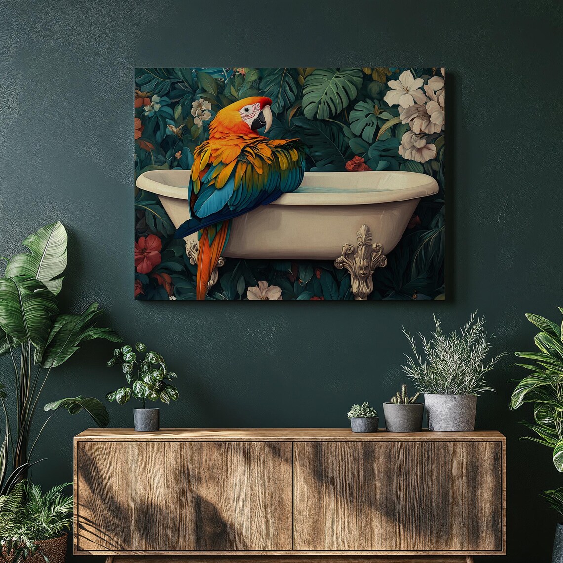 Scarlet Macaw on Vintage Bathtub Tropical Jungle Floral Poster
