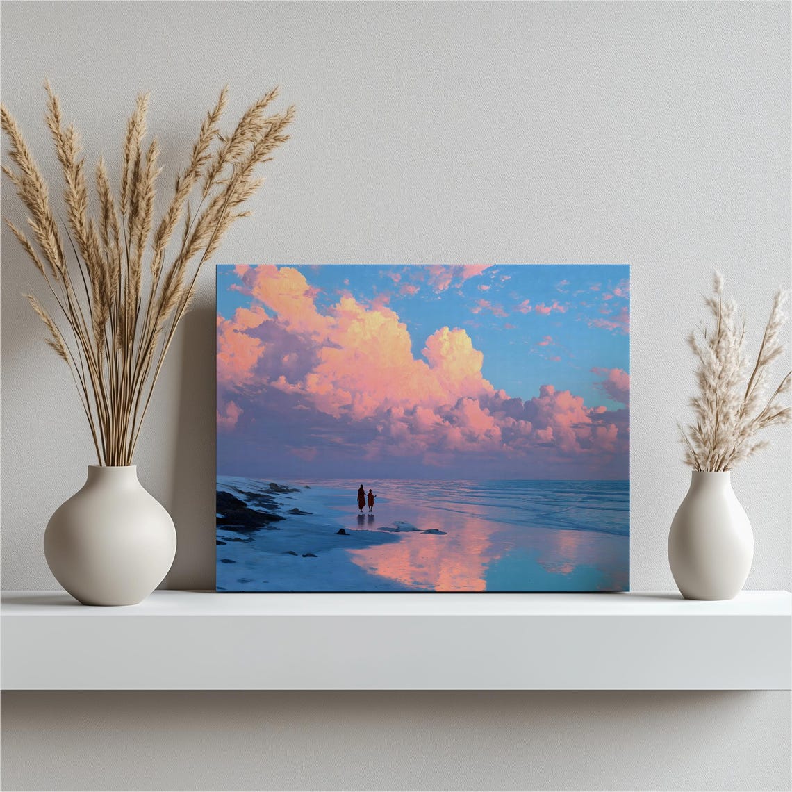 Sunset Beach Pink Clouds Ocean Reflection Romantic Coastal Poster