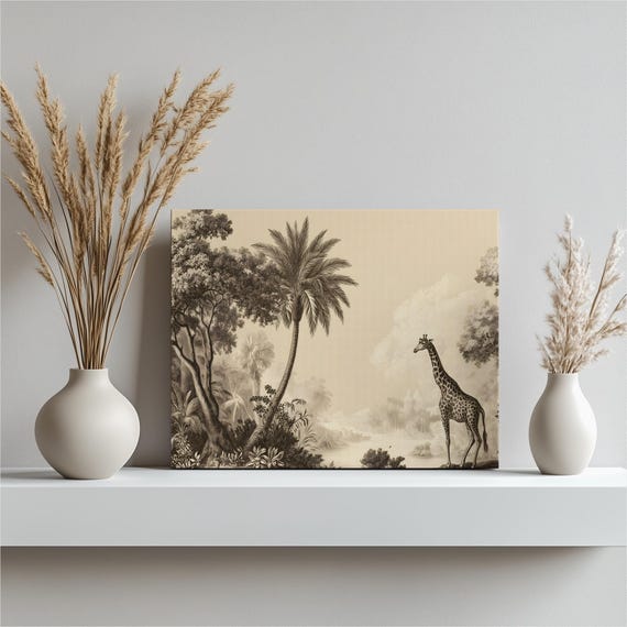 Vintage Giraffe Jungle Canvas Wall Art Sepia Tropical Landscape With Palm Trees And River Safari Wildlife Illustration Neutral Decor Gift