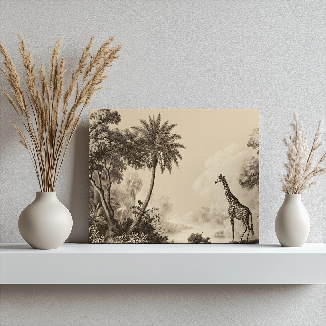 Giraffe in Tropical Jungle Vintage Safari Sepia Illustration Poster