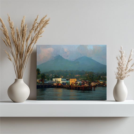Colorful Coastal Harbor Canvas Wall Art Fishing Village Scene With Palm Trees Mountain Backdrop Water Reflection Seaside Landscape