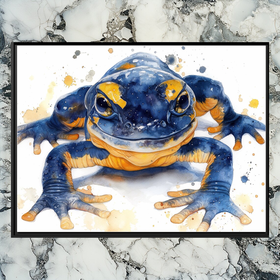 Blue Orange Watercolor Salamander Amphibian Art Painting Poster