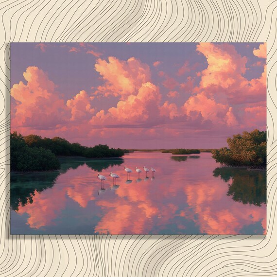 Roseate Spoonbills Lagoon Sunset Pastel Clouds Serene Wall Art
