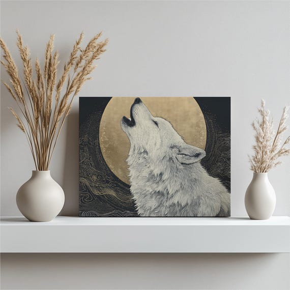 Wolf Howl Moon Canvas Wall Art Moonlit Nighttime Sky Forest Nature Decor Wildlife Print Gold Silhouette Animal Modern Gift