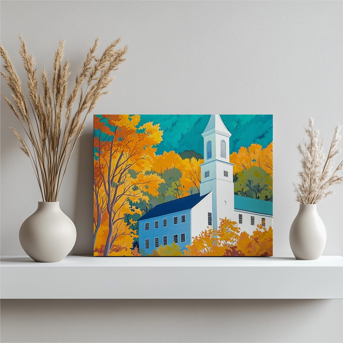New England White Church Autumn Maple Trees Fall Foliage Art Print