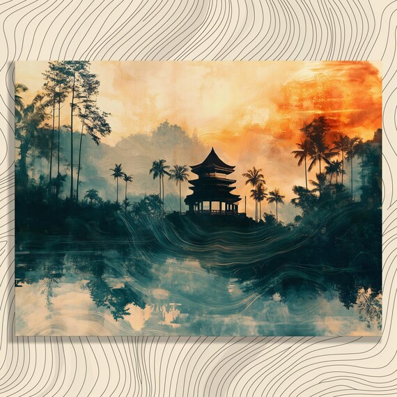 Tropical Pagoda Sunset Silhouette Palm Reflection Golden Sky Art Poster