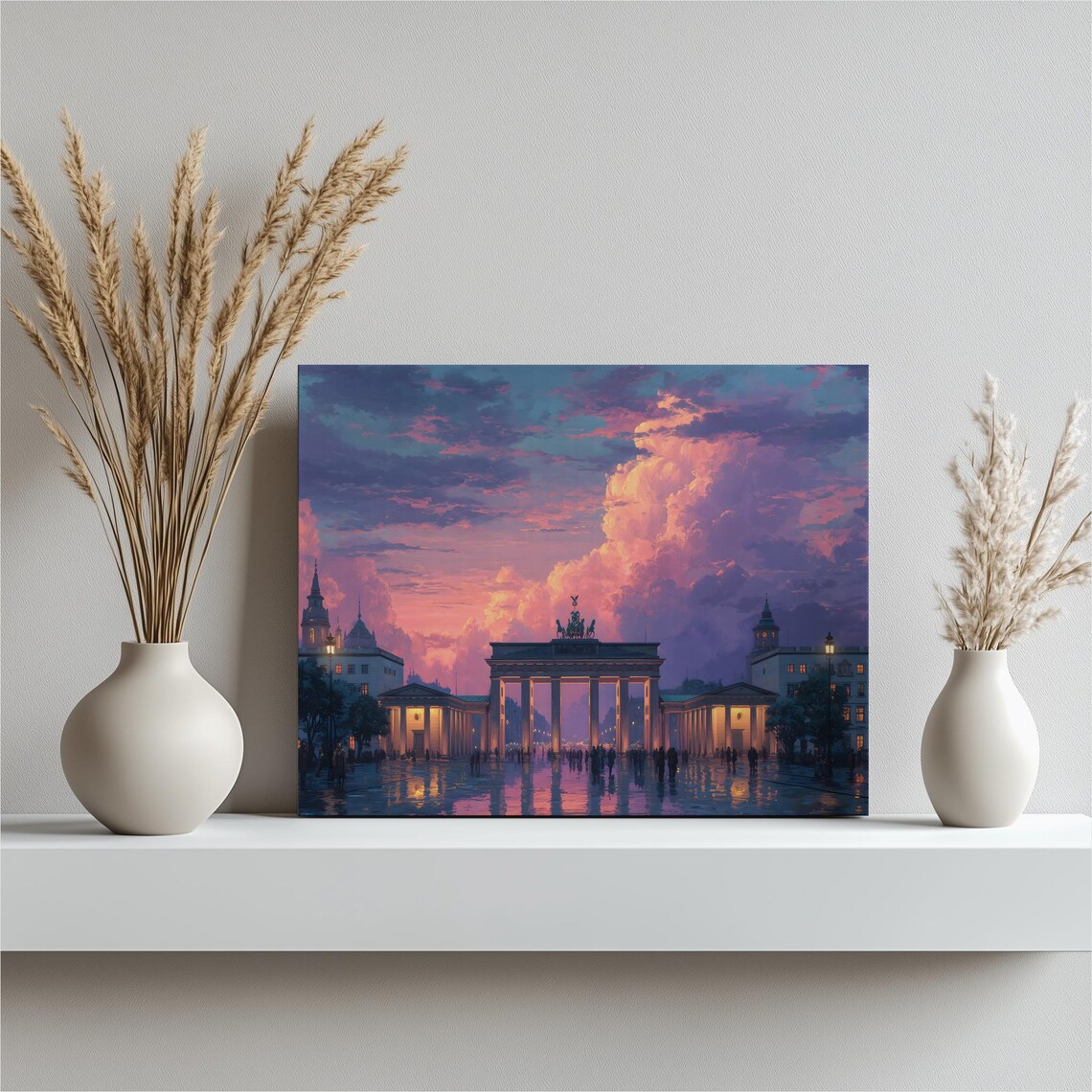 Berlin Brandenburg Gate Canvas Wall Art Panoramic Cityscape Sunset Reflection Painting Print Modern Landmark Decor Travel Gift