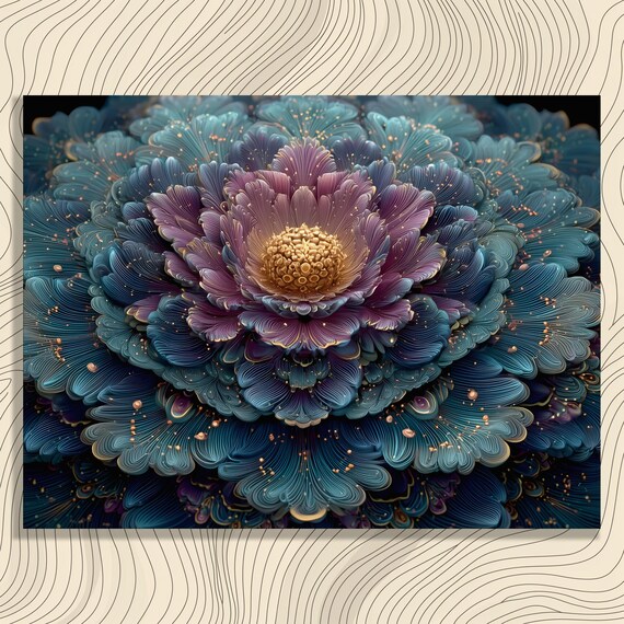 Blue Purple Fractal Flower Mandala Poster for Meditation Decor