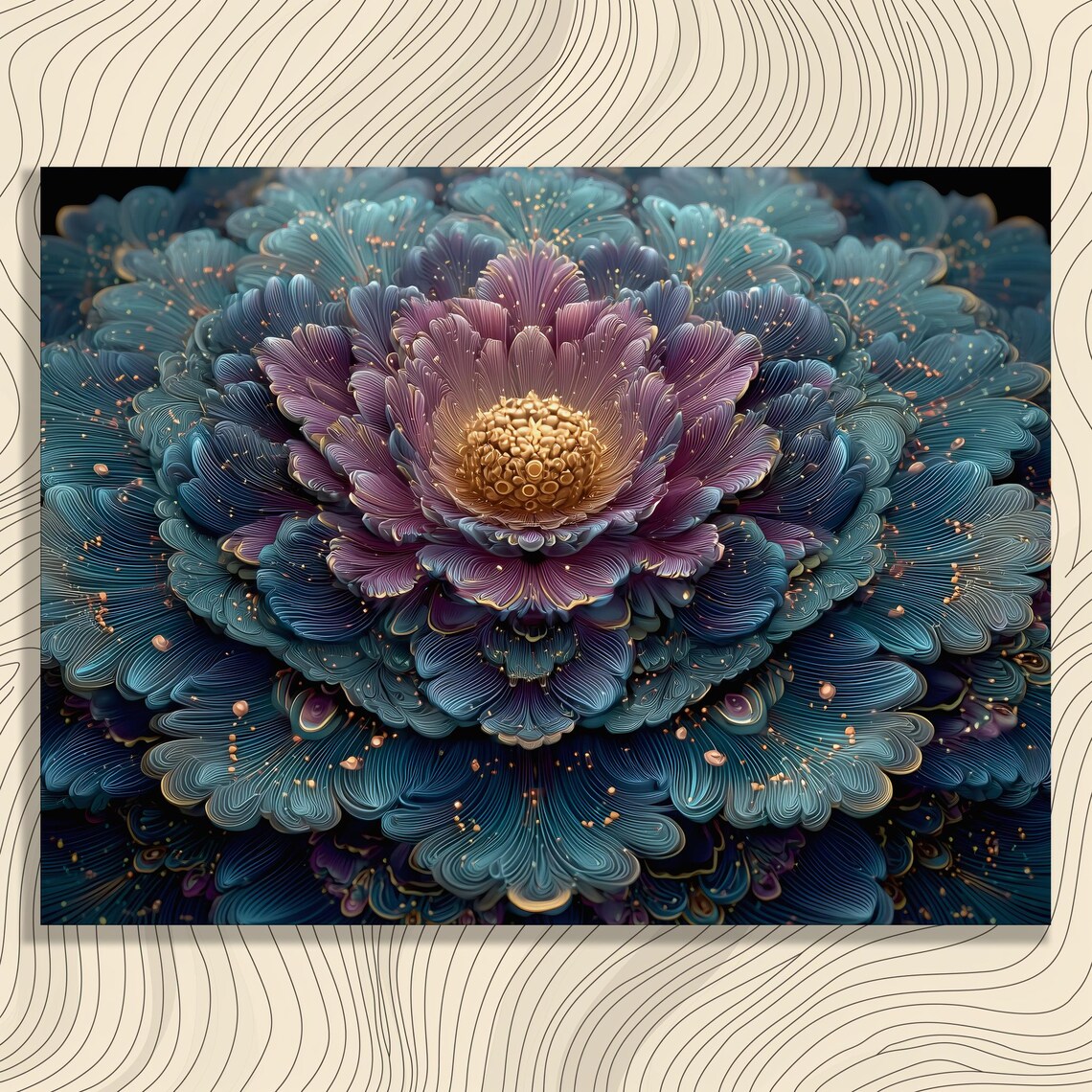 Blue Purple Fractal Flower Mandala Poster for Meditation Decor