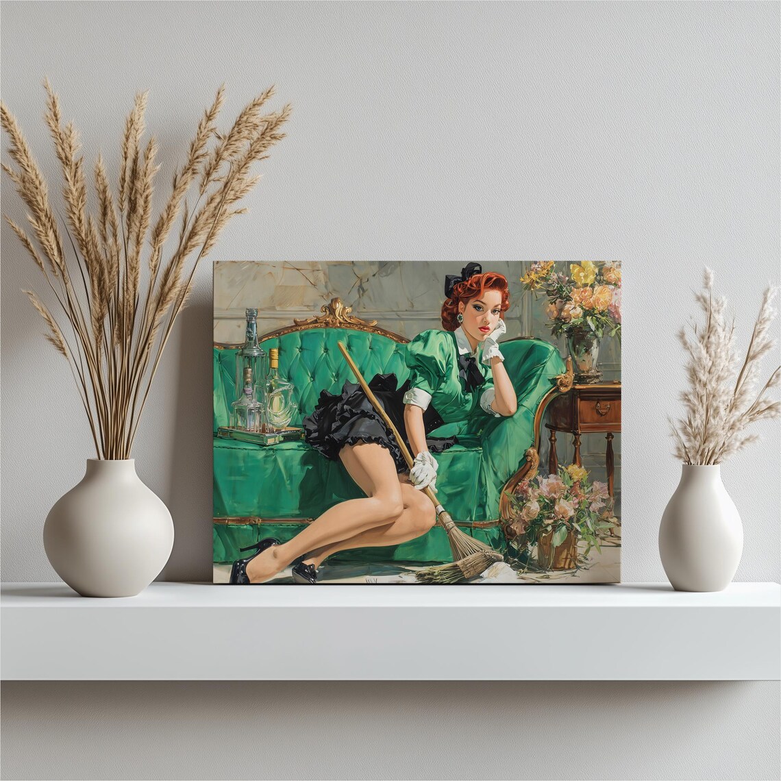 Retro Pinup Maid Pink Interior Midcentury Vintage Wall Poster