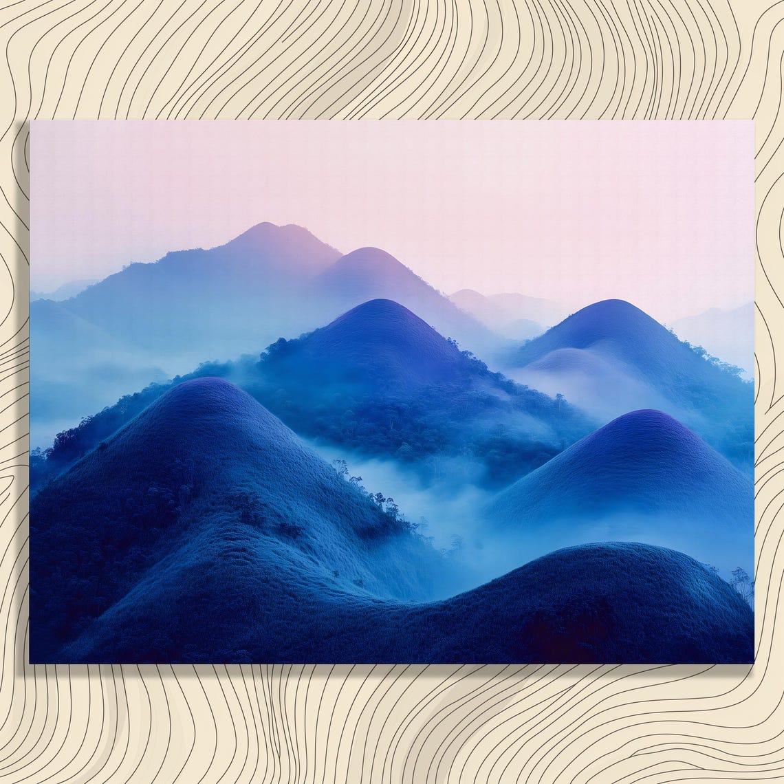 Blue Cone Hills in Mist Serene Rolling Dreamlike Landscape Art Poster
