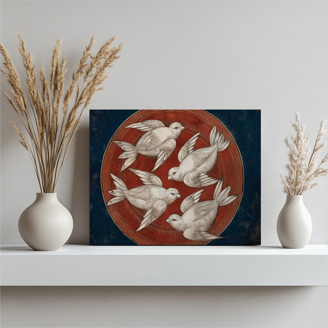 Three White Doves Circular Medallion Ornamental Bird Flight Wall Art