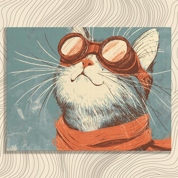 Retro Aviator Cat With Goggles And Scarf Whimsical Feline Illustration Poster