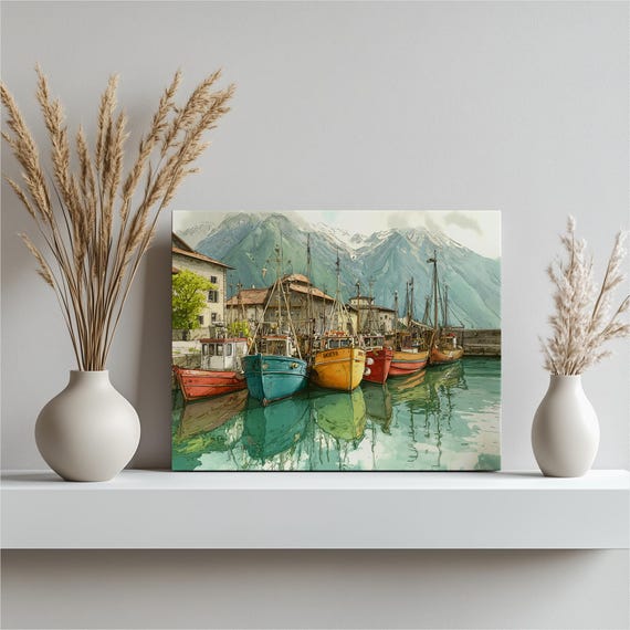 Colorful Fishing Boats Canvas Wall Art Nautical Harbor Decor Mountain Lake Print Vintage Scene Seaside Village Painting Poster