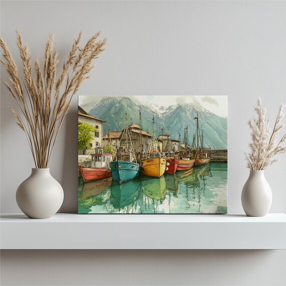 Colorful Fishing Boats Watercolor Seaside Harbor Scene Poster