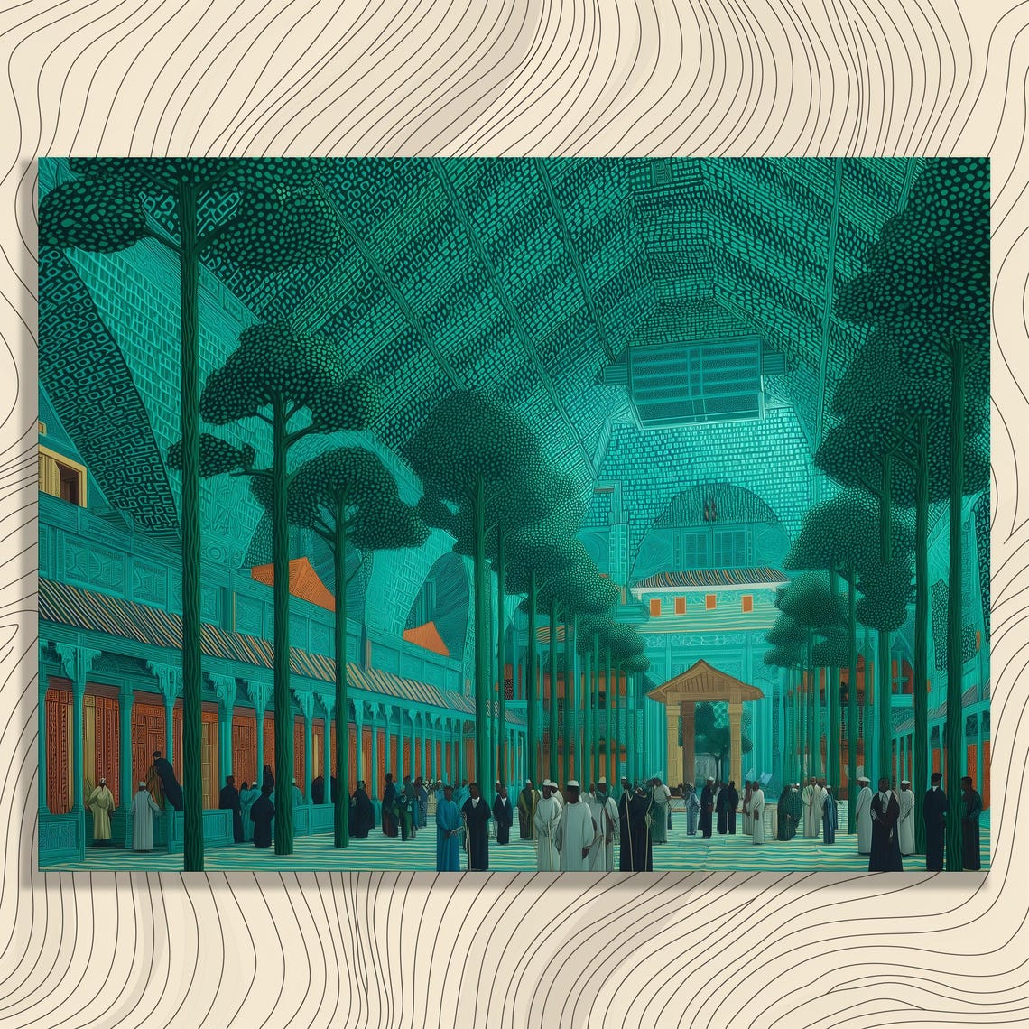 Surreal Teal Grand Hall Tree Columns Mosaic Vault Bazaar Scene Poster