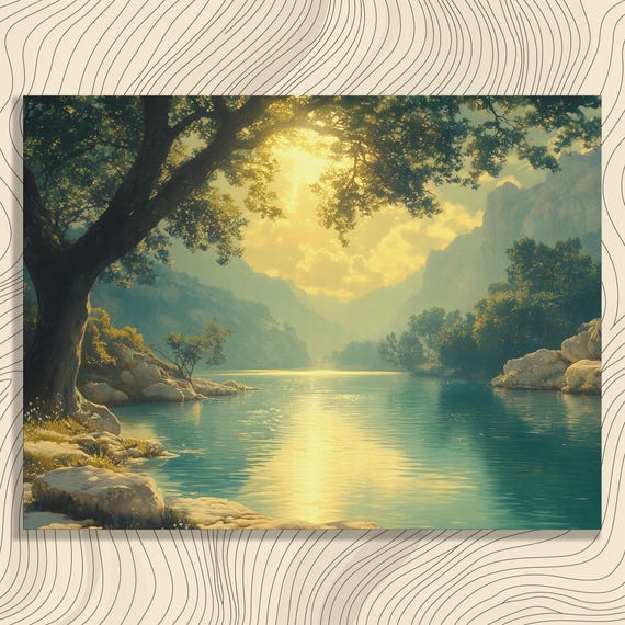 Serene River Landscape Canvas Wall Art Golden Light Over Tranquil Water With Mountains And Trees