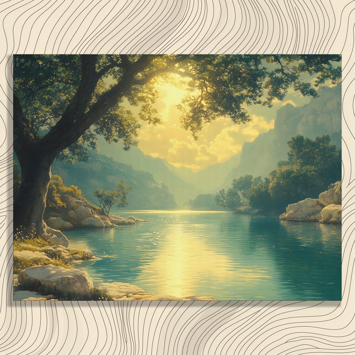 Golden Sunrise River Mountain Lake Serene Landscape Art Poster