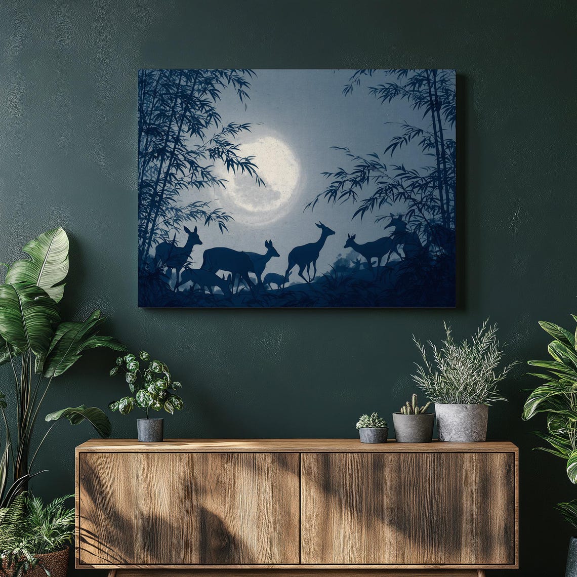 Moonlit Deer Canvas Wall Art Wildlife Silhouette Bamboo Forest Print Night Sky Decor Nature Moon