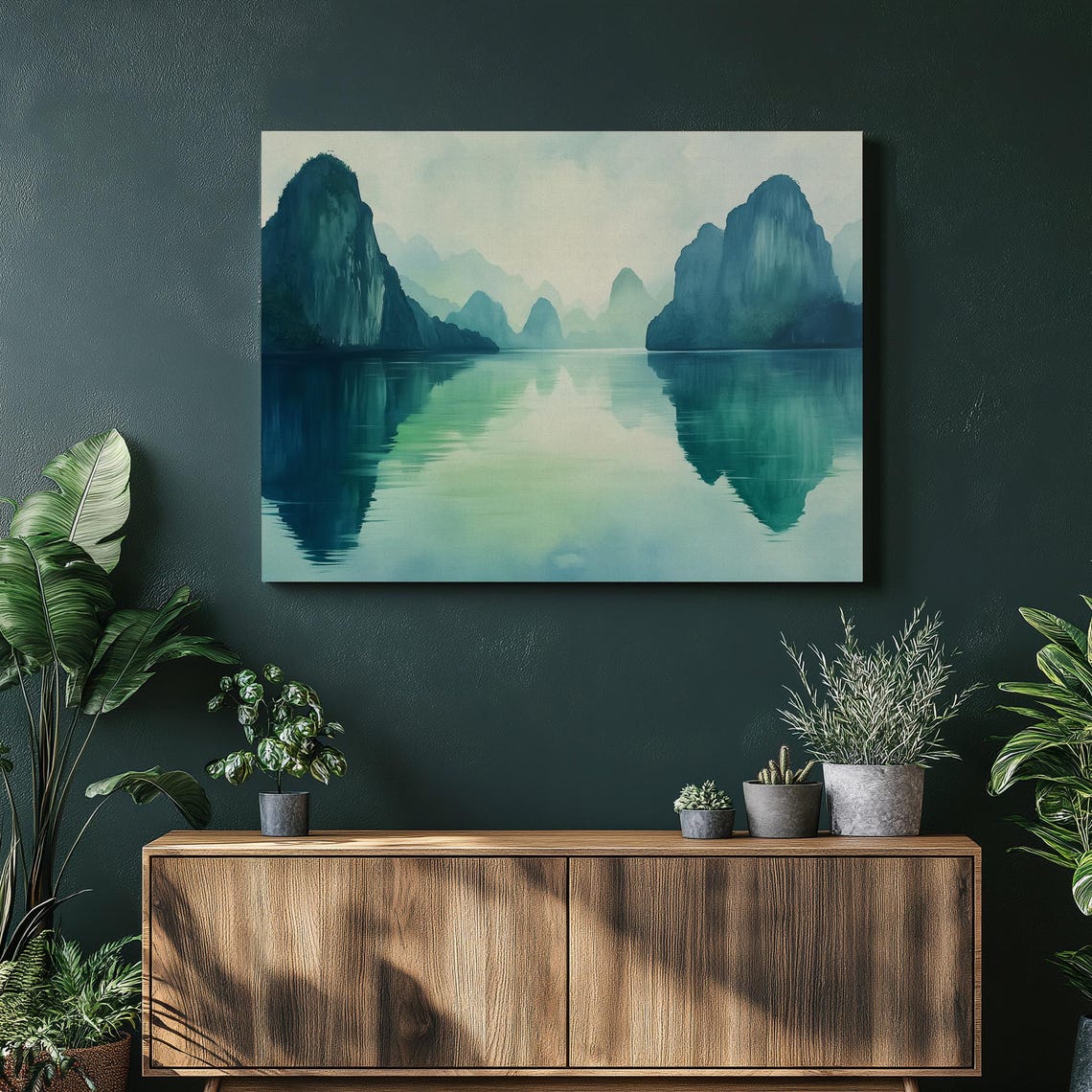 Misty Teal Karst Mountains Reflecting Lake Calm Serene Art Poster