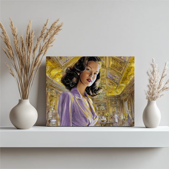 Glamorous Ballroom Woman Canvas Wall Art Palace Interior Luxury Decor Print Classic Painting Gilded Ceiling Chandelier Portrait Gift