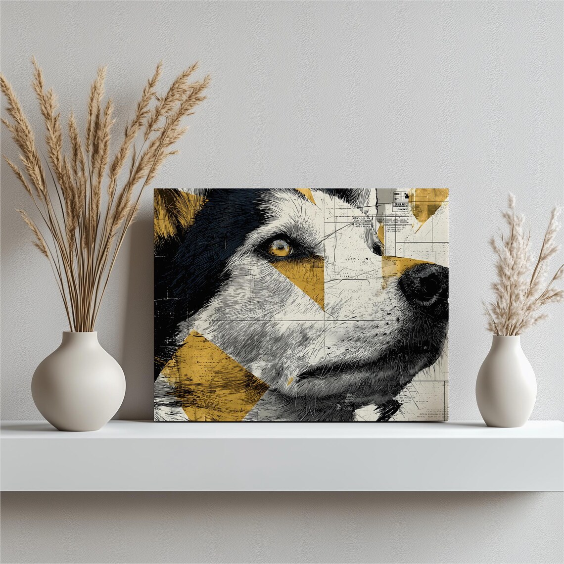 Geometric Husky Dog Portrait Black White Gold Abstract Wall Art