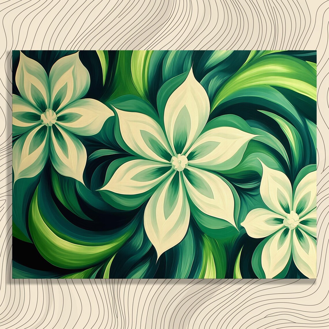 Abstract Green and White Floral Swirls Botanical Modern Art Print