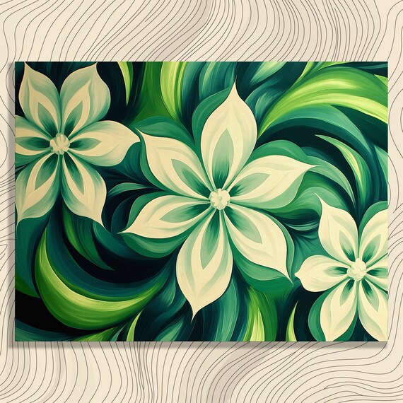 Vibrant Abstract Floral Canvas Wall Art Bohemian Botanical Print With Green Leaves And White Flowers Modern Nature Inspired Decor