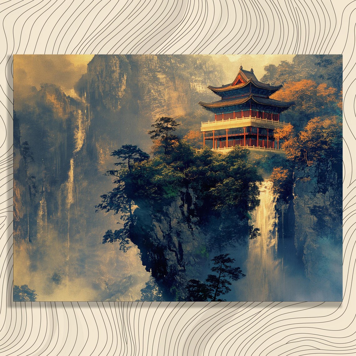Chinese Pagoda Temple Misty Mountain Waterfall Painting Poster