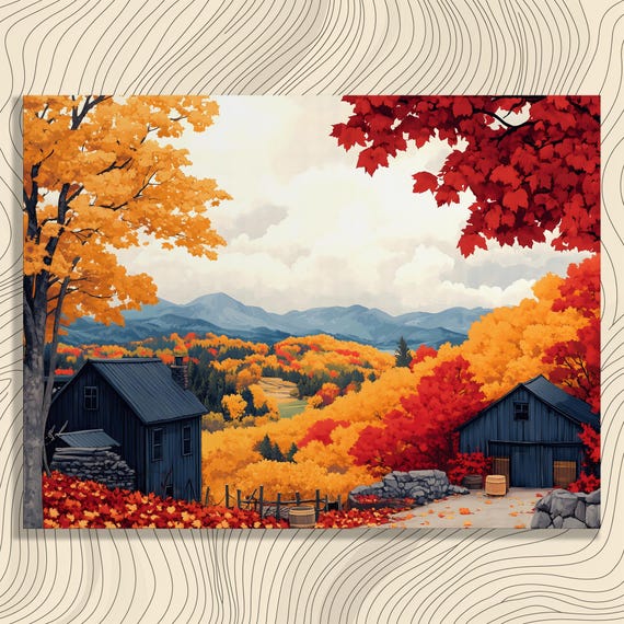Autumn Cabin Landscape Canvas Wall Art Vintage Fall Mountains Nature Print For Cozy Rustic Home Decor Enthusiasts