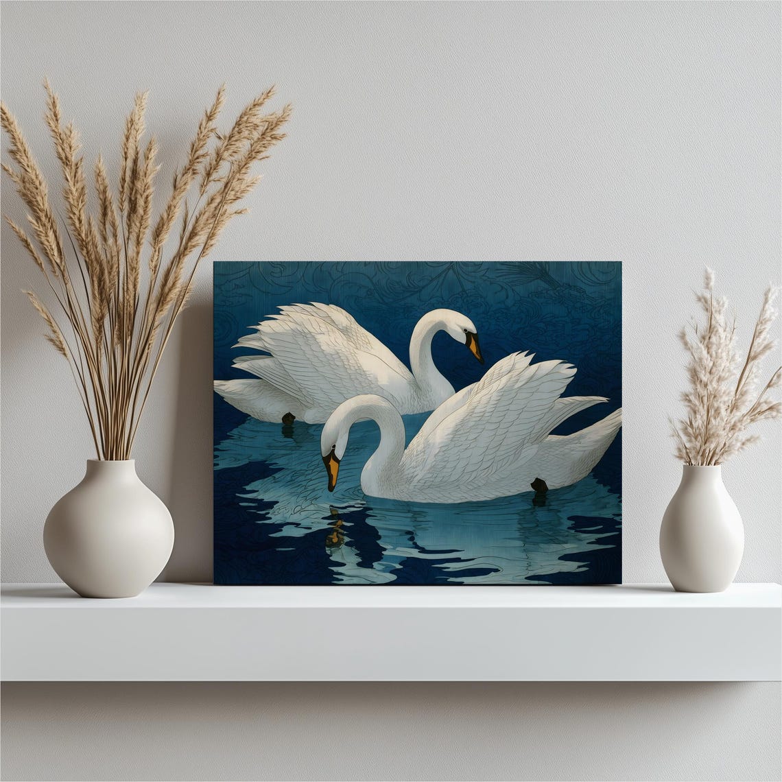 Two White Swans on Deep Blue Water Japanese Woodblock Style Poster