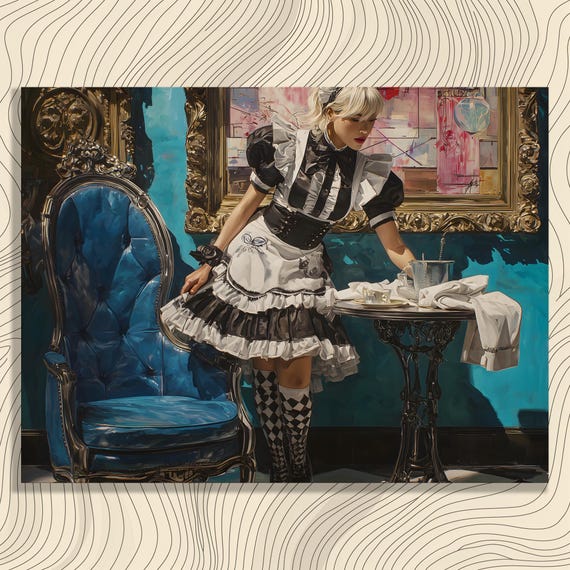 Victorian Maid Canvas Wall Art Vintage French Decor Baroque Style Frame Painting Checkered Floor Blue Velvet Armchair Tea Set Print Gift