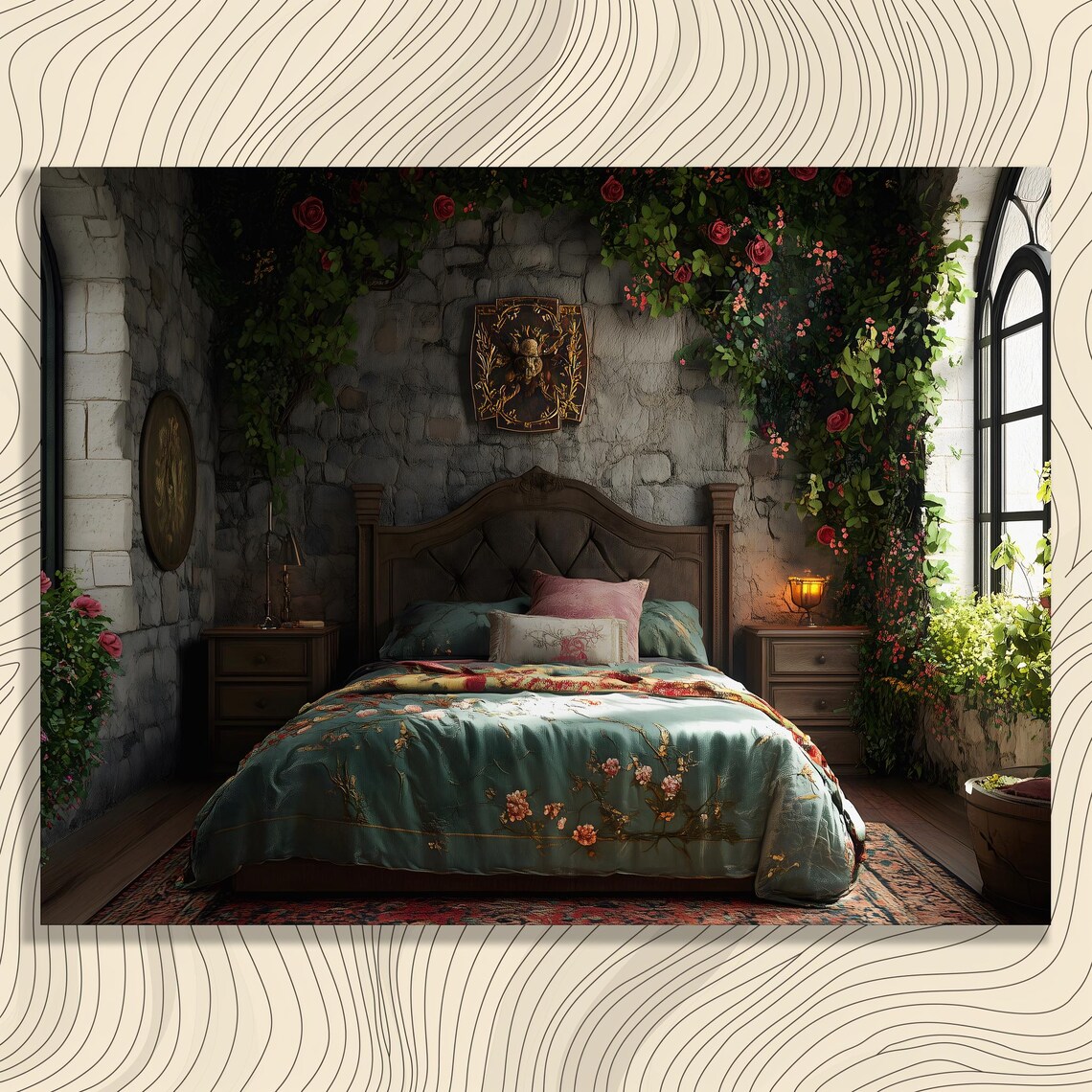 Romantic Rose Covered Stone Bedroom Interior Botanical Wall Art