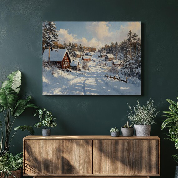 Snowy Nordic Winter Village Red Cabins Pine Forest Painting Poster