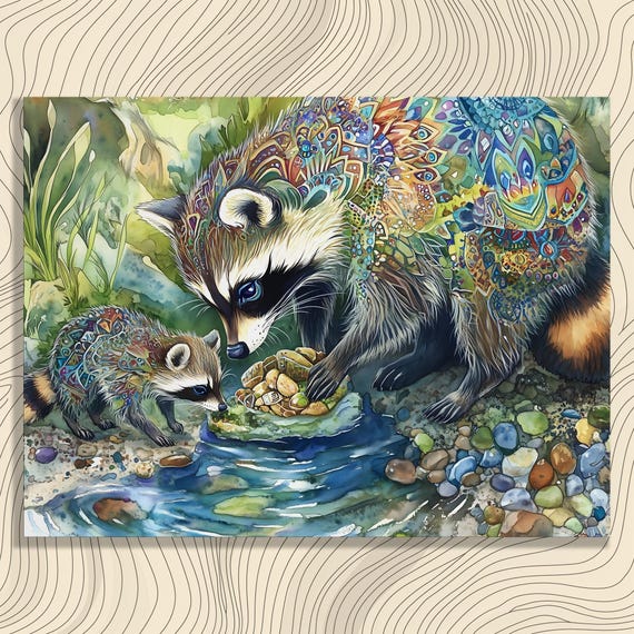 Charming Raccoons Canvas Wall Art Watercolor Wildlife Print Colorful Nature Decor Eco Friendly Gift Forest Theme Greenery Painting