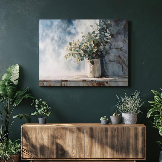 Eucalyptus Vase Canvas Wall Art Minimalist Botanical Artwork Green Leaves Modern Print Marble Backdrop Decor Contemporary