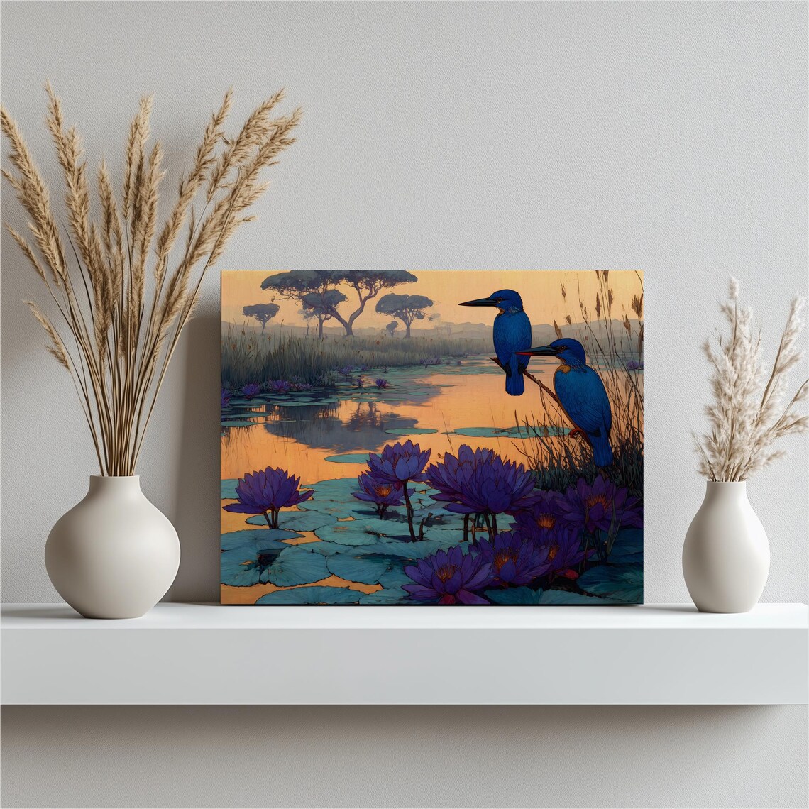 Blue Kingfishers Over Lily Pond Sunset Wetland Birds Nature Art Poster