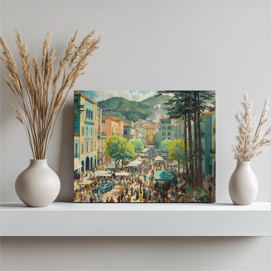 Vibrant European Old Town Market Square Bustling Scene Poster