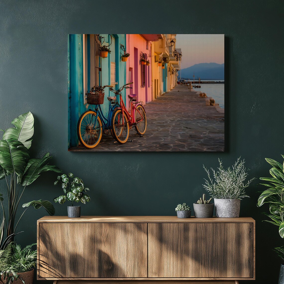 Two Colorful Bicycles Against Pastel Harbor Houses at Dusk Art Poster