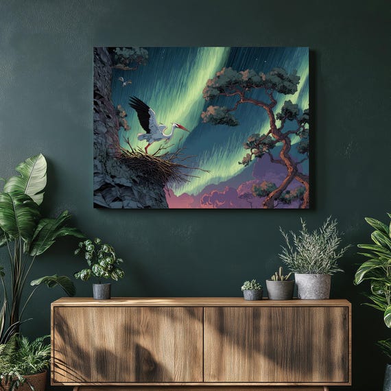Stork Under Aurora Canvas Wall Art Northern Lights With On Nest Colorful Night Sky Pink Clouds Rocky Cliff Twisted Tree