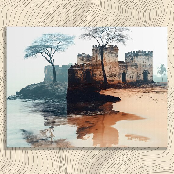 Misty Coastal Fortress Ruins Calm Sea Reflection Vintage Style Poster
