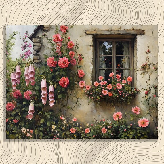 Climbing Roses And Foxgloves On Vintage Cottage Window Painting Poster